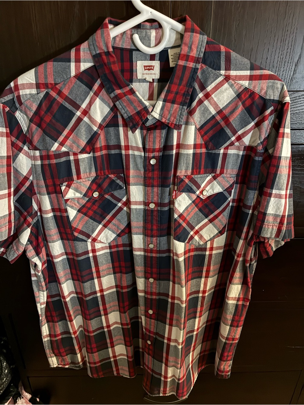 Levis Red Blue Plaid Double Pocket Short Sleeve Pearl Snap Shirt Men's XXL